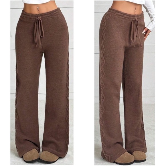 Cozy Brown Stretchy Waist Knit Wide Leg Lounge Pants XS S M L